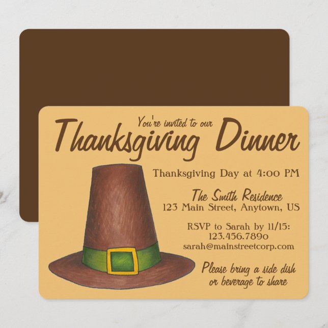 Brown Pilgrim Hat Thanksgiving Dinner Party Invitation (Front/Back)