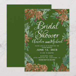 Brown Pinecones Watercolor Greenery Bridal Shower Invitation