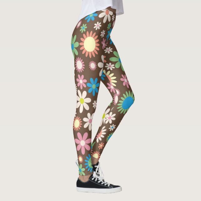 Brown, pink and blue retro Flowers Leggings (Right)