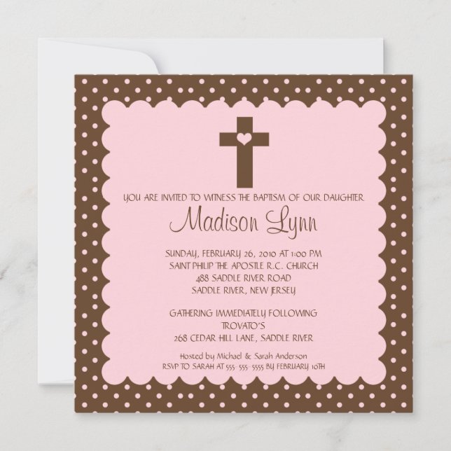 Brown & Pink Baby Girl Baptism Inviation Invitation (Front)