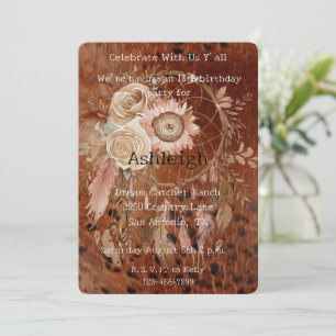Brown Pink Blush Floral Dream Catcher Birthday Invitation