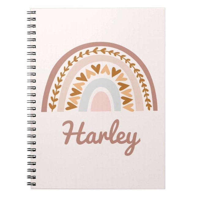 Brown Pink Boho Rainbow Custom Name Monogram Notebook (Front)