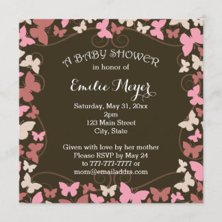 Brown Pink Butterflies Baby Shower Invitation