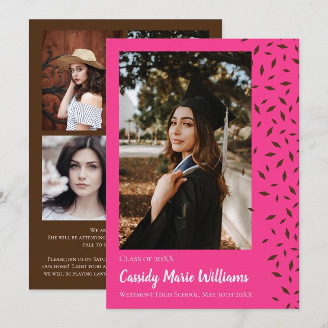 Brown Pink Confetti Graduation Announcement (Front/Back)