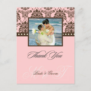 Brown +  Pink Damask Thank You Photo postcards, Postcard