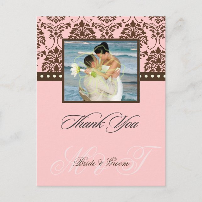 Brown +  Pink Damask Thank You Photo postcards, Postcard (Front)