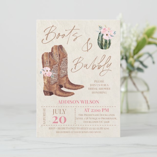 Brown Pink Floral Boots and Bubbly Bridal Shower  Invitation (Standing Front)
