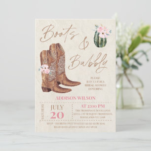 Brown Pink Floral Boots and Bubbly Bridal Shower Invitation