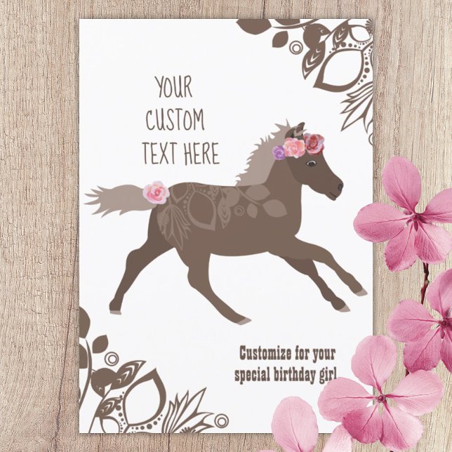 Brown, Pink Galloping Pony, Girl's Birthday Party Invitation (brown pony wearing pink roses on head and tail pony ride birthday party invitation)