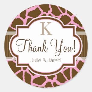 Brown, Pink Giraffe Animal Print Thank You Classic Round Sticker