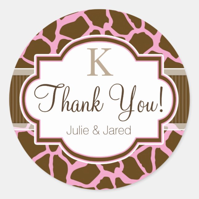 Brown, Pink Giraffe Animal Print Thank You Classic Round Sticker (Front)