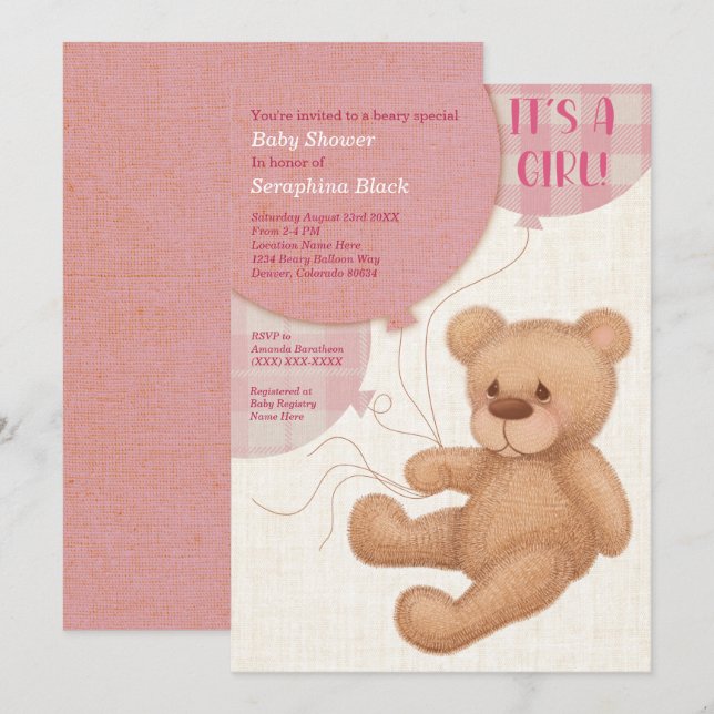 Brown Pink Girls Teddy Bear Baby Shower Invitation (Front/Back)
