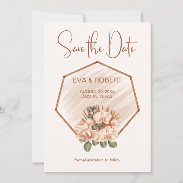 Brown Pink Green Orchid Boho Eucalyptus Wedding  Save The Date (Front)