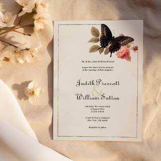Brown pink ivory butterfly floral vintage wedding invitation