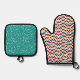 BROWN PINK ORANGE TURQUOISE GEOMETRIC PATTERN OVEN MITT & POT HOLDER SET