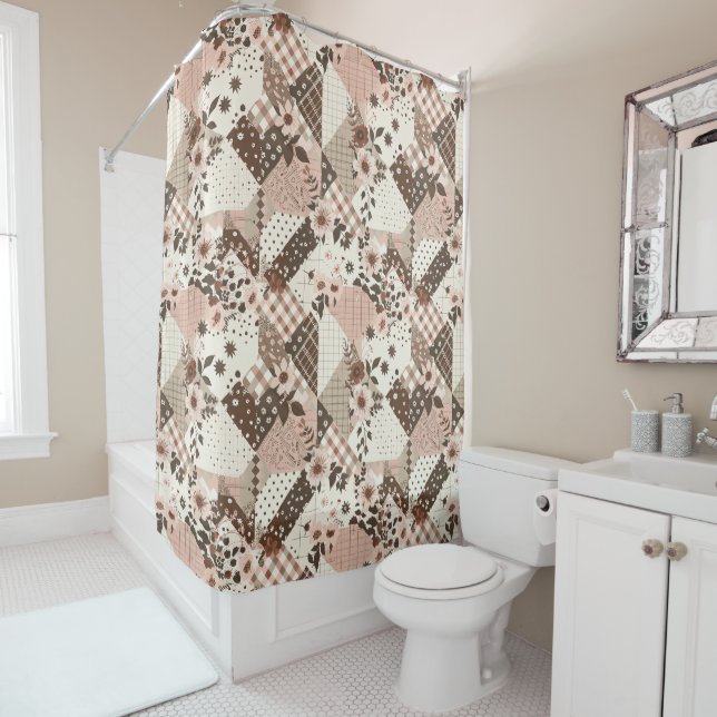 Brown Pink Patchwork Quilt Floral Retro  Shower Curtain (In Situ)