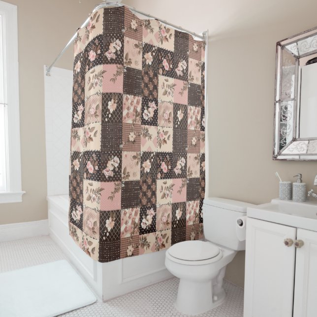 Brown Pink Patchwork Quilt Floral Retro  Shower Curtain (In Situ)