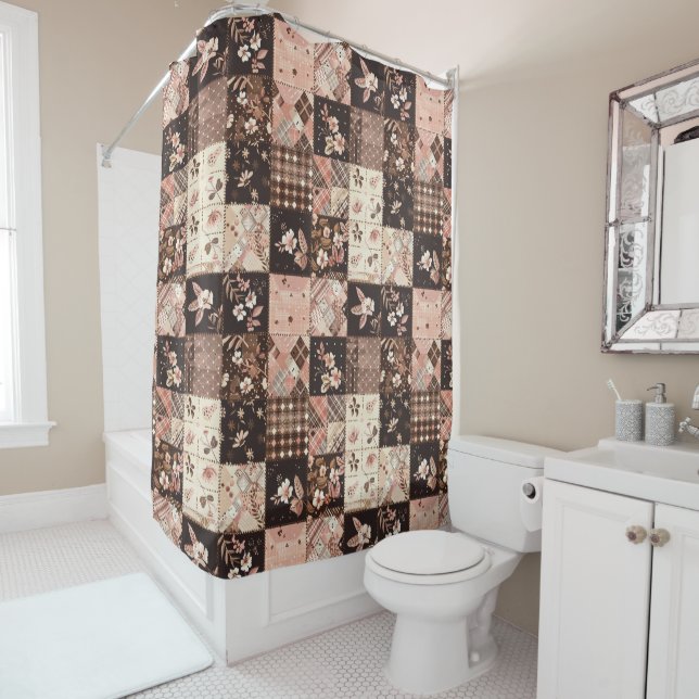 Brown Pink Patchwork Quilt Floral Retro  Shower Curtain (In Situ)