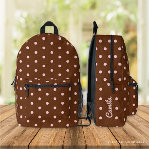 Brown Pink Polka Dot Girl Name Printed Backpack