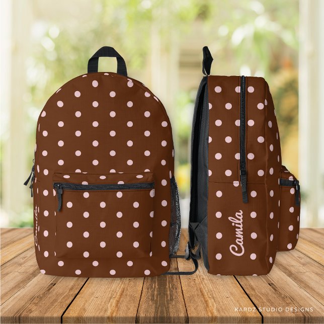 Brown Pink Polka Dot Girl Name Printed Backpack (Personalize your backpack with your name.)