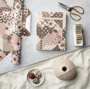 Brown Pink Quilt Gingham Cottagecore Floral Wrapping Paper