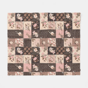 Brown Pink Quilt Patchwork Gingham Cottagecore Fleece Blanket