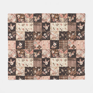 Brown Pink Quilt Patchwork Gingham Cottagecore Fleece Blanket