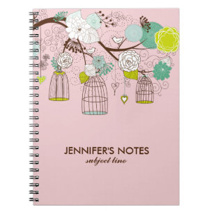 Brown & Pink Retro Bird Cages & Flowers Notebook