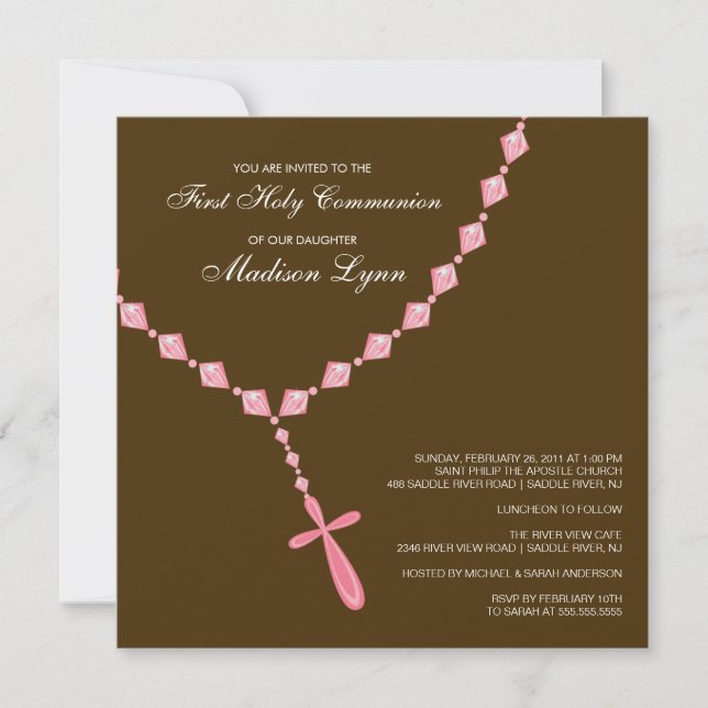 Brown Pink Rosary First Holy Communion Invitation (Front)