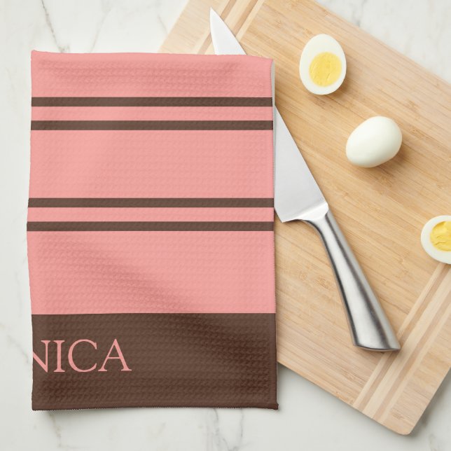  Brown Pink Stripes Script Name Kitchen Towels (Quarter Fold)