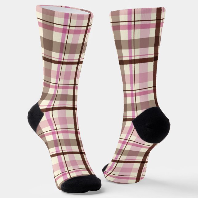 Brown & Pink Tartan Cute Plaid Socks (Angled)