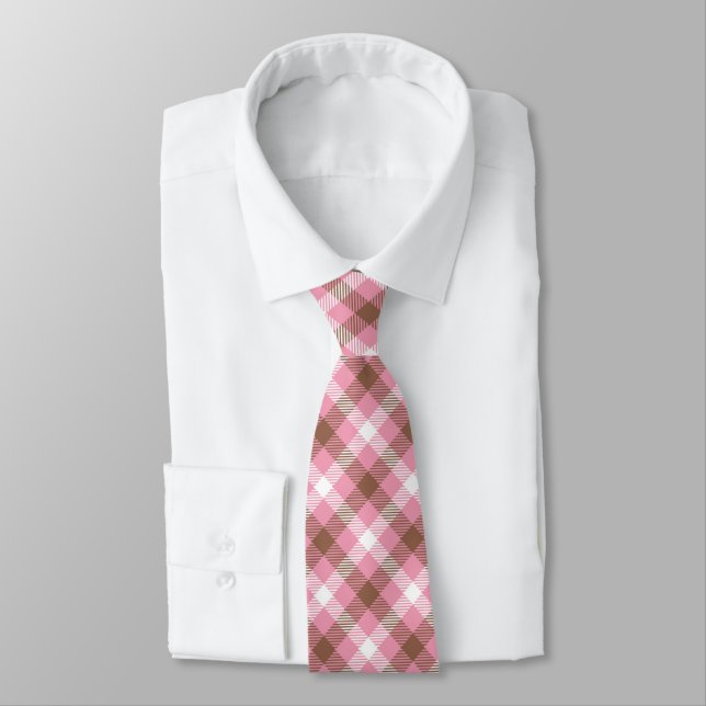 Brown, Pink & White Plaid Men's Tie (Tied)