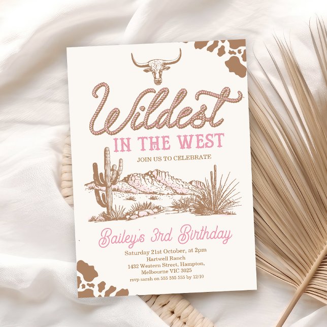 Brown Pink Wild West Wildest in The West Birthday  Invitation (Girls Brown Pink Retro Wildest in the West Birthday Invitation, Texas Longhorn Cow Wild West Invite)