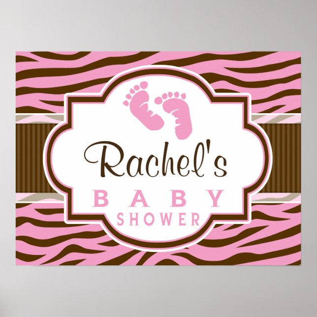 Brown, Pink Zebra Stripes Animal Print Baby Shower (Front)