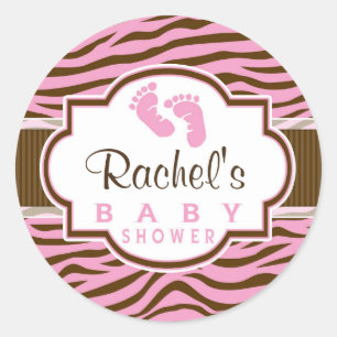 Brown, Pink Zebra Stripes Animal Print Baby Shower Classic Round Sticker