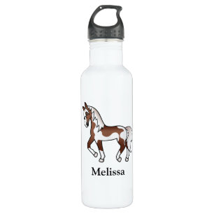 Brown Pinto Cartoon Trotting Horse & Custom Name 710 Ml Water Bottle