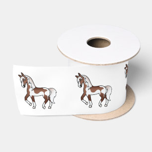 Brown Pinto Illustrated Cartoon Trotting Horses Satin Ribbon