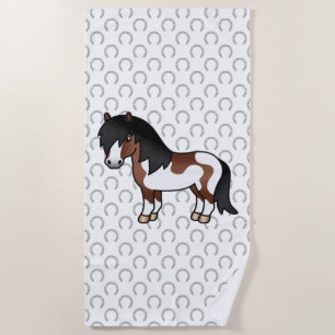 Brown Pinto Shetland Pony Cartoon Illustration Beach Towel