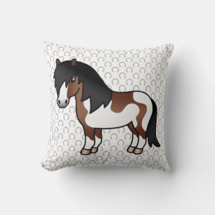 Brown Pinto Shetland Pony Cartoon Illustration Cushion