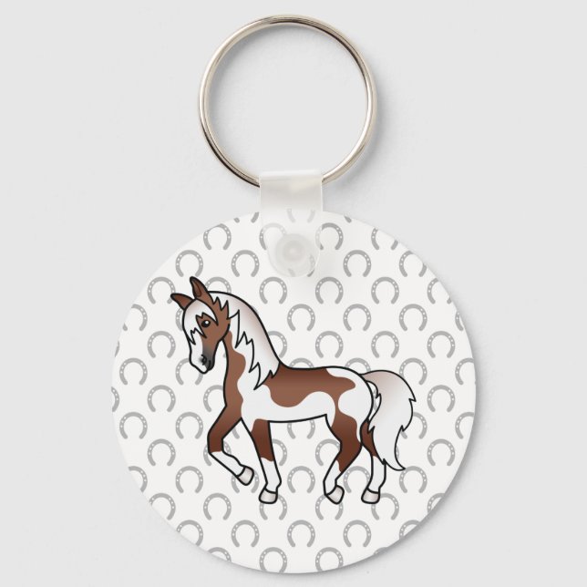 Brown Pinto Trotting Horse Cartoon Illustration Key Ring (Front)