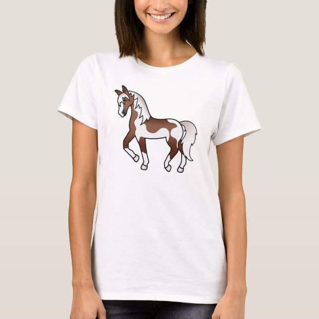 Brown Pinto Trotting Horse Cartoon Illustration T-Shirt (Front)