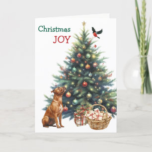 Brown Pit Bull, Bullfinch and Holiday Tree Card