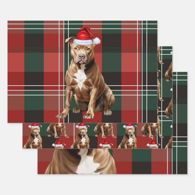 Brown Pit Bull Christmas Dog Red Green Plaid Wrapping Paper Sheet (Set)