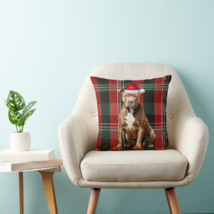 Brown Pitbull Dog Red Plaid Christmas Holiday Cushion