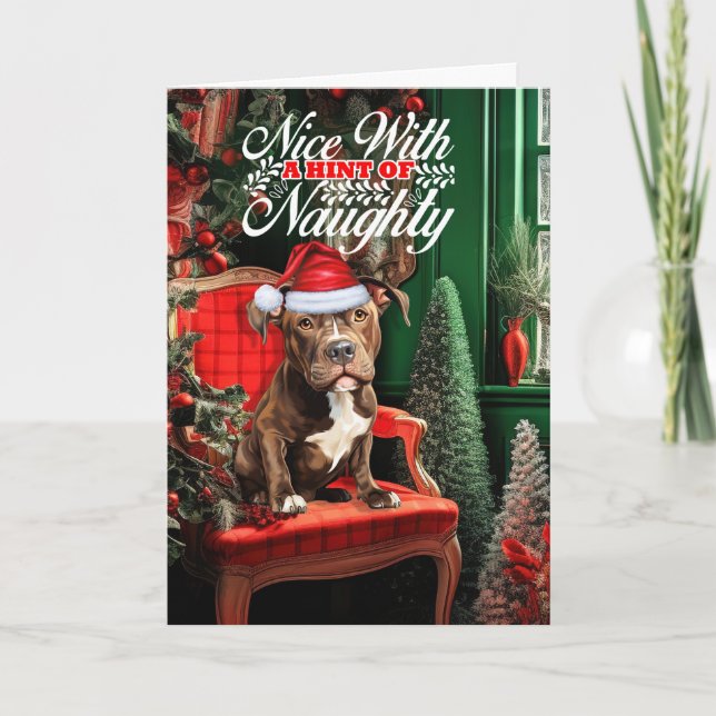 Brown Pitbull Santa Dog Naughty or Nice Christmas Holiday Card (Front)