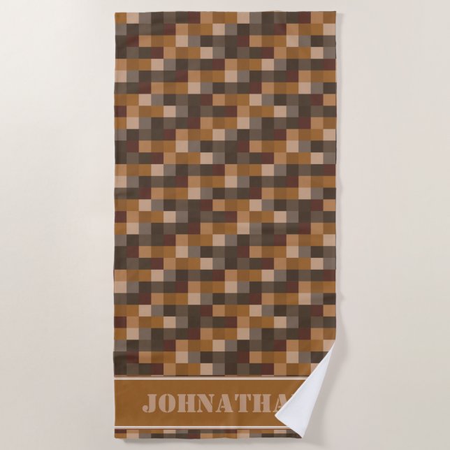 Brown Pixelated Pattern Gamer | Personalised Beach Towel (Front)