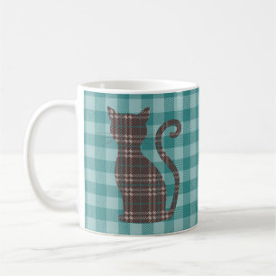 Brown Plaid Cat on Green Gingham  Coffee Mug