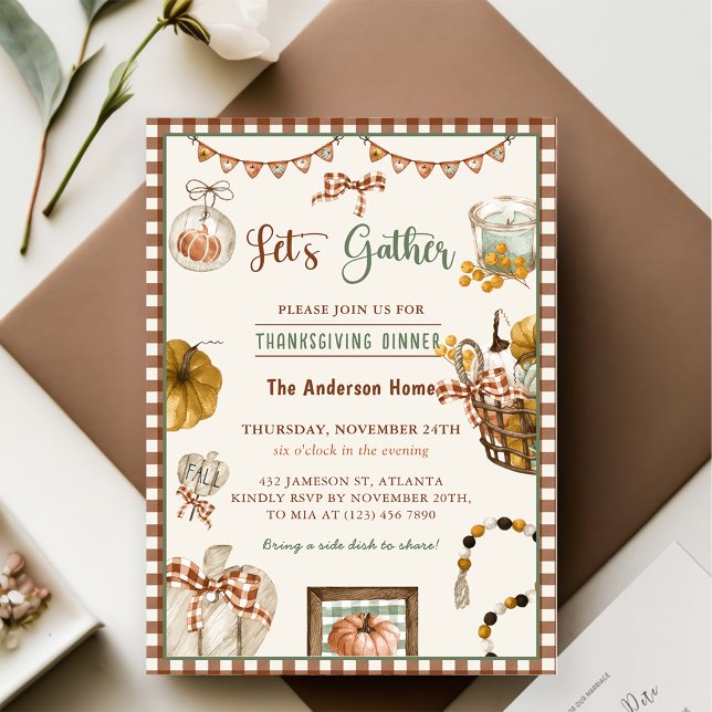 Brown Plaid Fall Pumpkin Thanksgiving Dinner Invitation (Creator Uploaded)