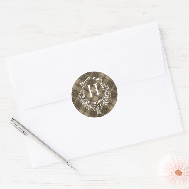 Brown Plaid Monogram Initial Christmas Classic Round Sticker (Envelope)