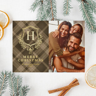 Brown Plaid Monogram Photo Christmas Foil Holiday Card